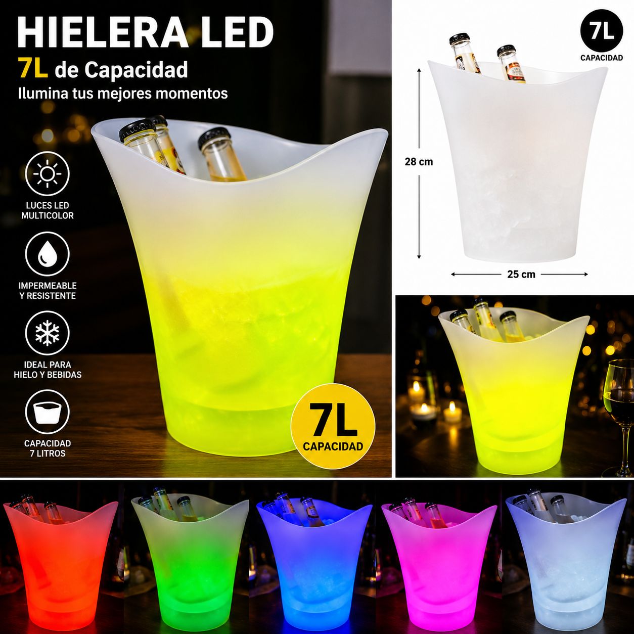 Hielera LED de 7 L con parlante Bluetooth y luces de colores