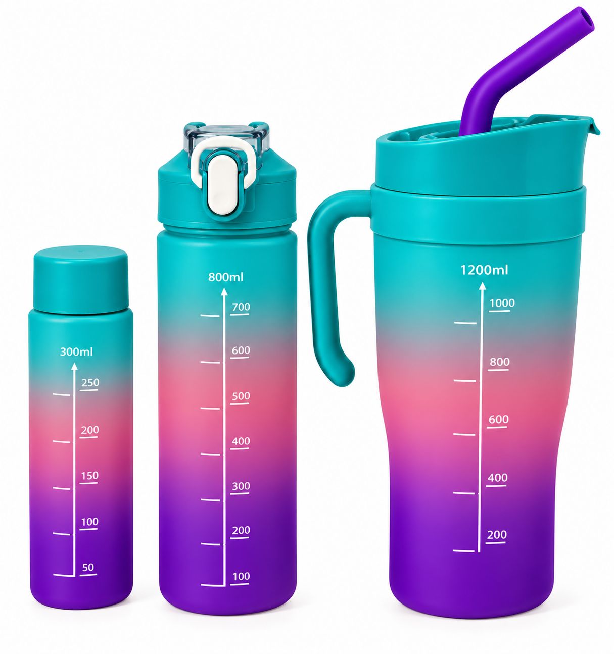 Set de 3 botellas de agua motivacionales 1,2 L + 800 ml + 300 ml