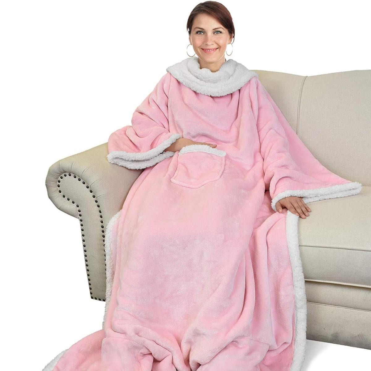Abrigo Polar Rosa con Mangas y Bolsillo