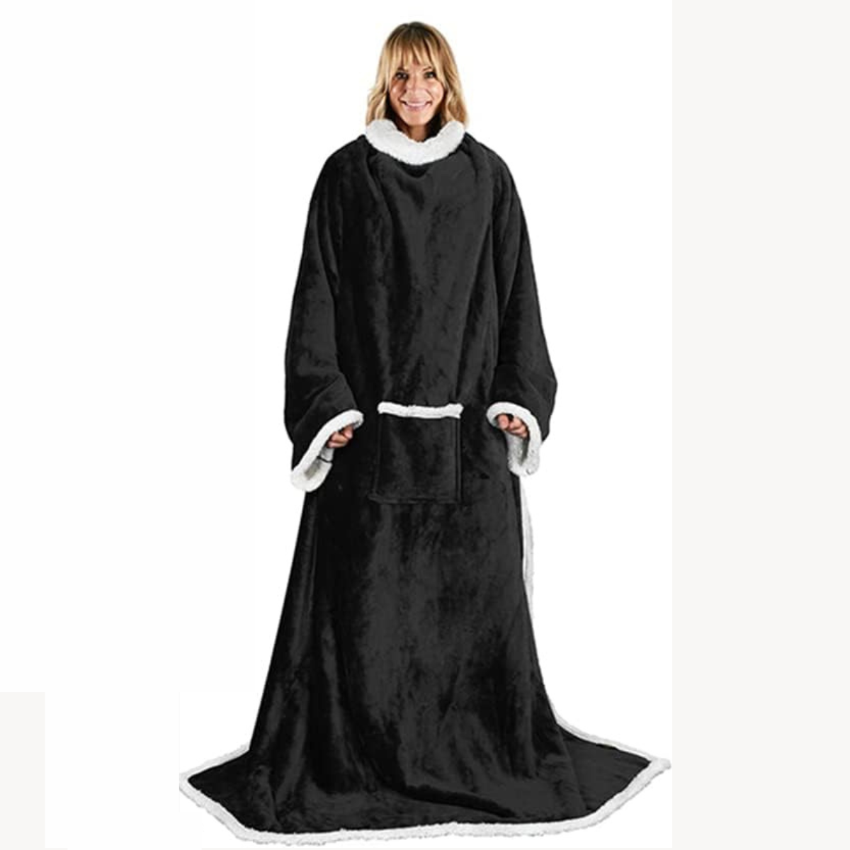 Abrigo Polar Negro con Mangas y Bolsillo