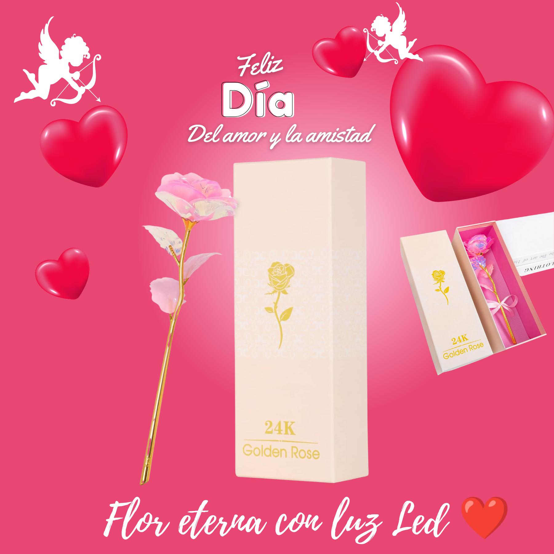 Caja Rosa Eterna Con Luz LED Colorida