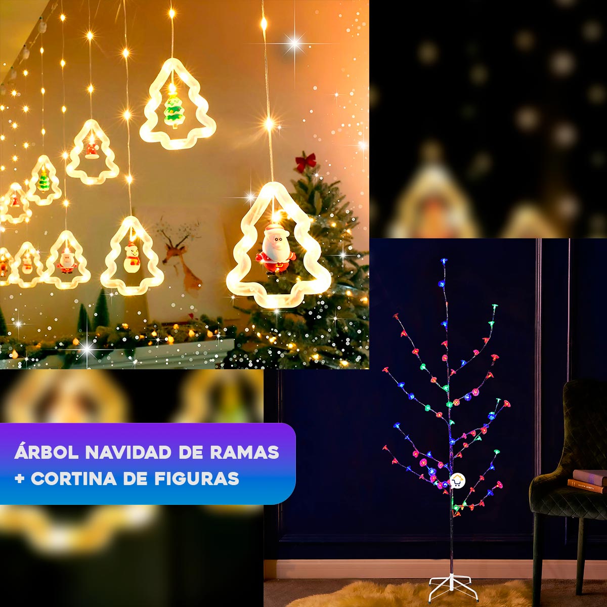 Arbol De Ramas + Cortina Figuras Navidad Diseño