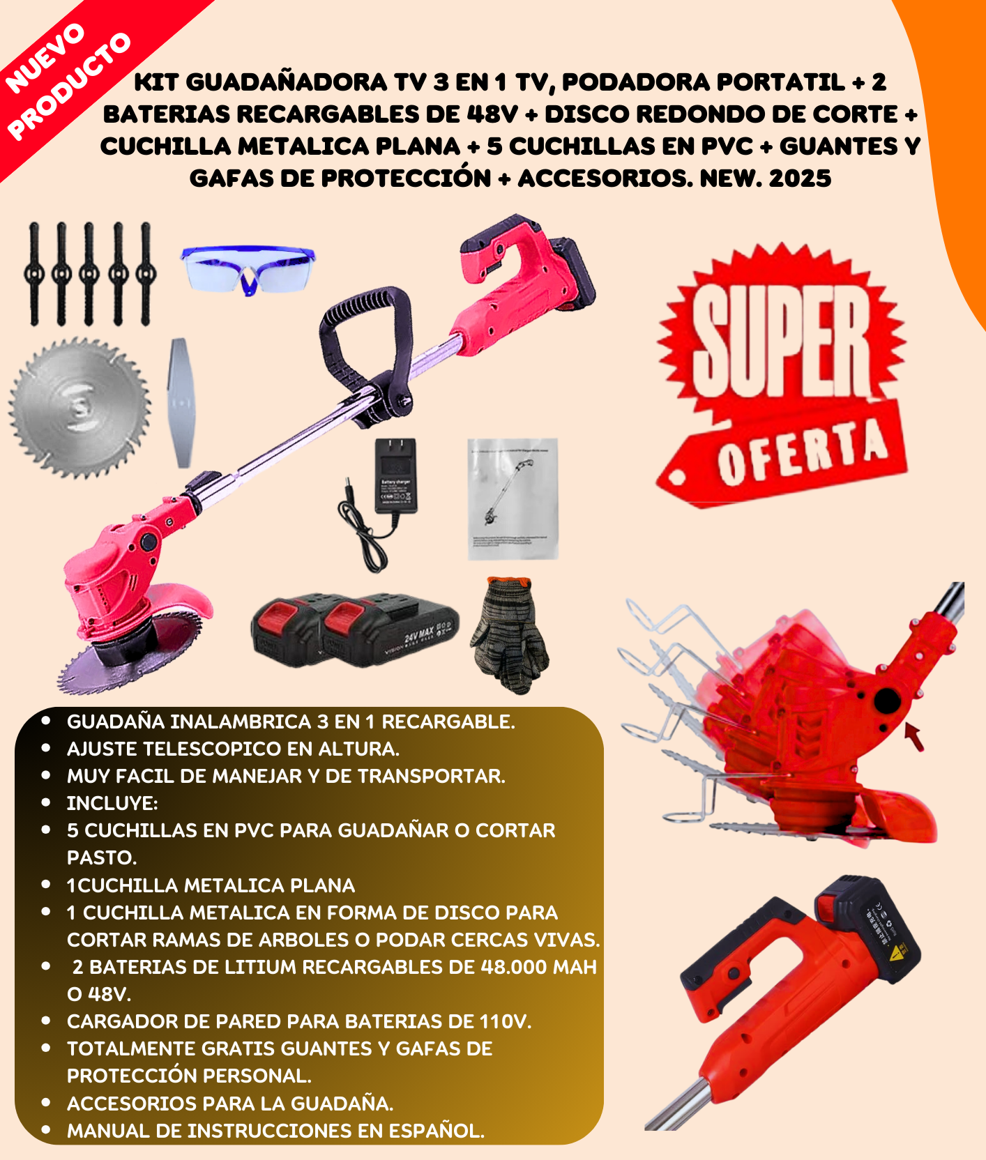 Kit Guadaña 2 Baterías + Accesorios, Nva