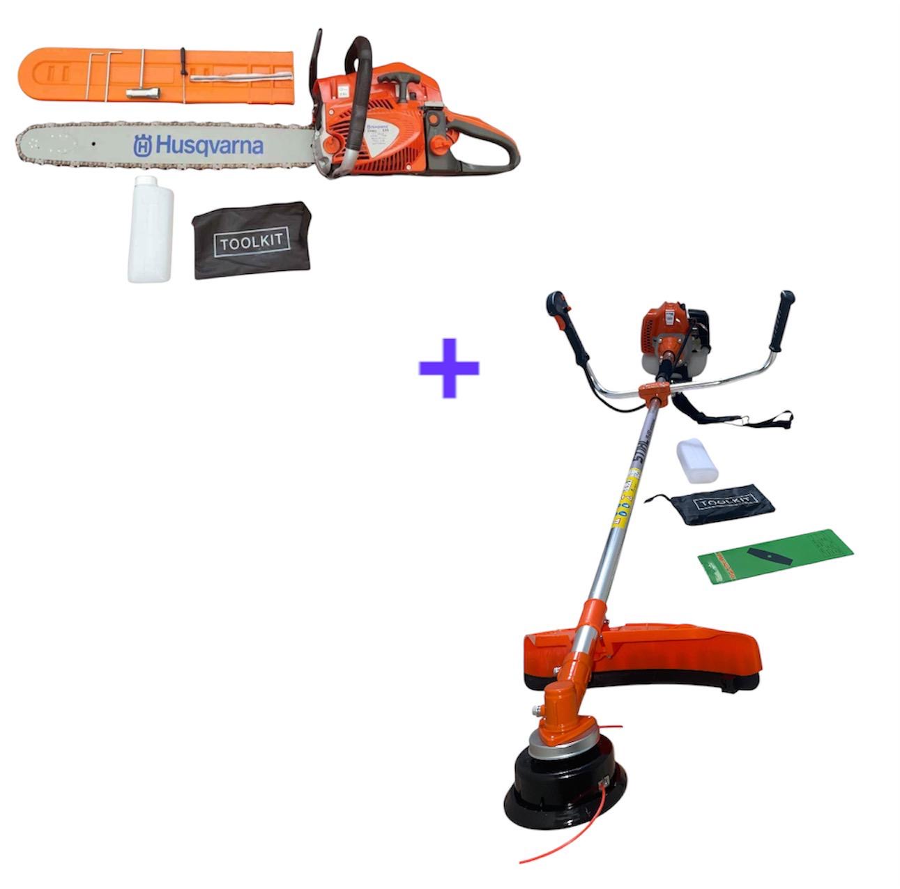 Guadaña naranja y motosierra 555