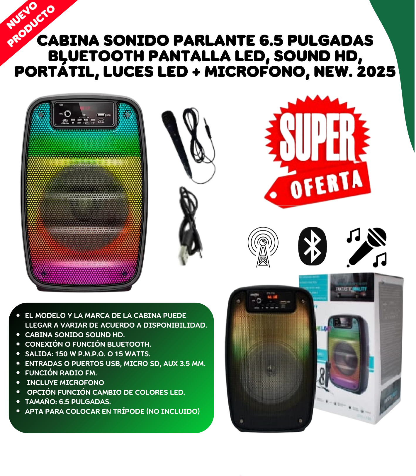 Cabina Sonido Bluetooth 6.5 Pulg +Microf
