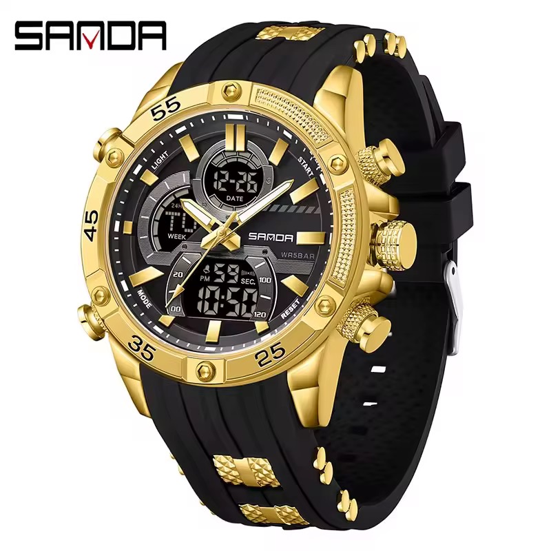 Reloj original Sanda 6162 negro dorado