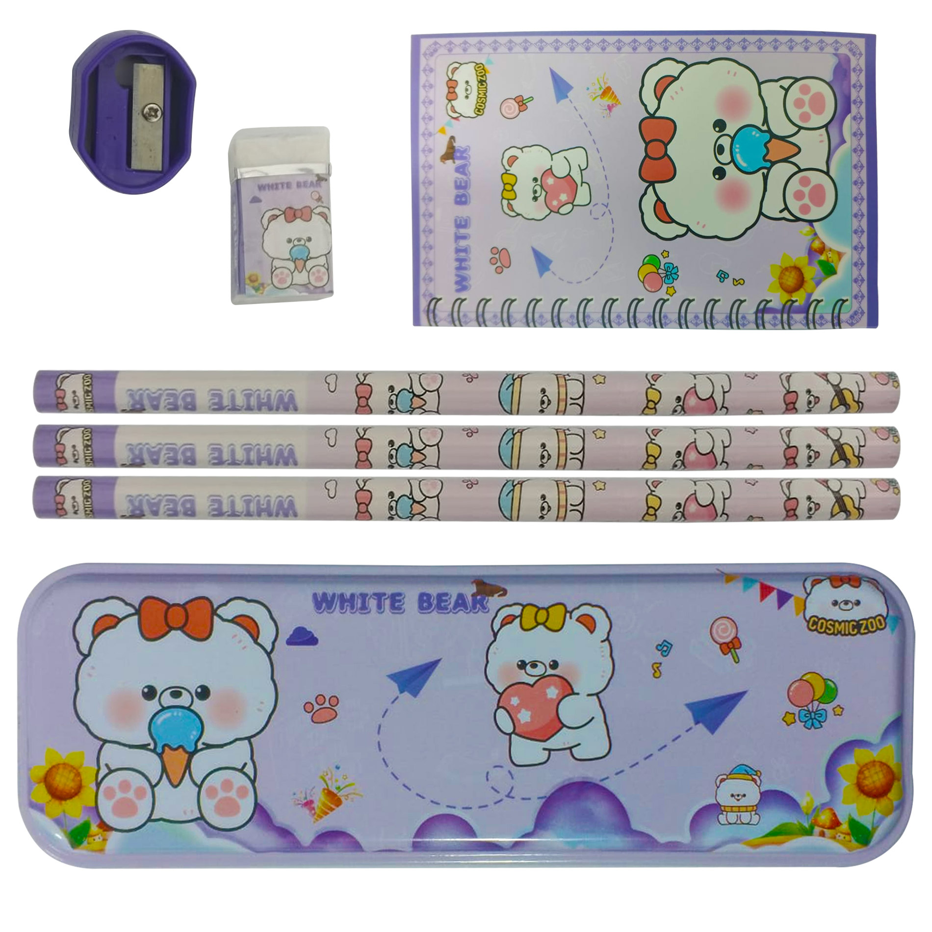 Vista 6 de Kit Cartuchera Metalica Estuche 9 Piezas - Color: Osito/Lila