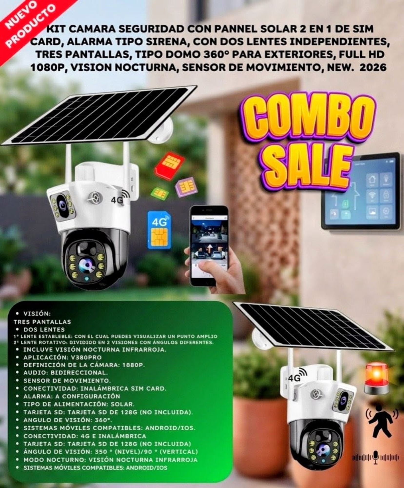 Camara Seguridad Solar 2 Lentes Sim Card