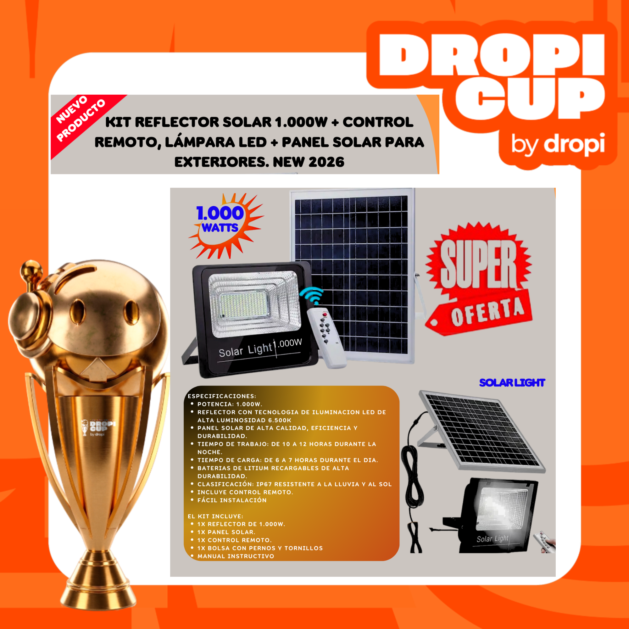 Kit Lampara Solar 1000W DROPI CUP