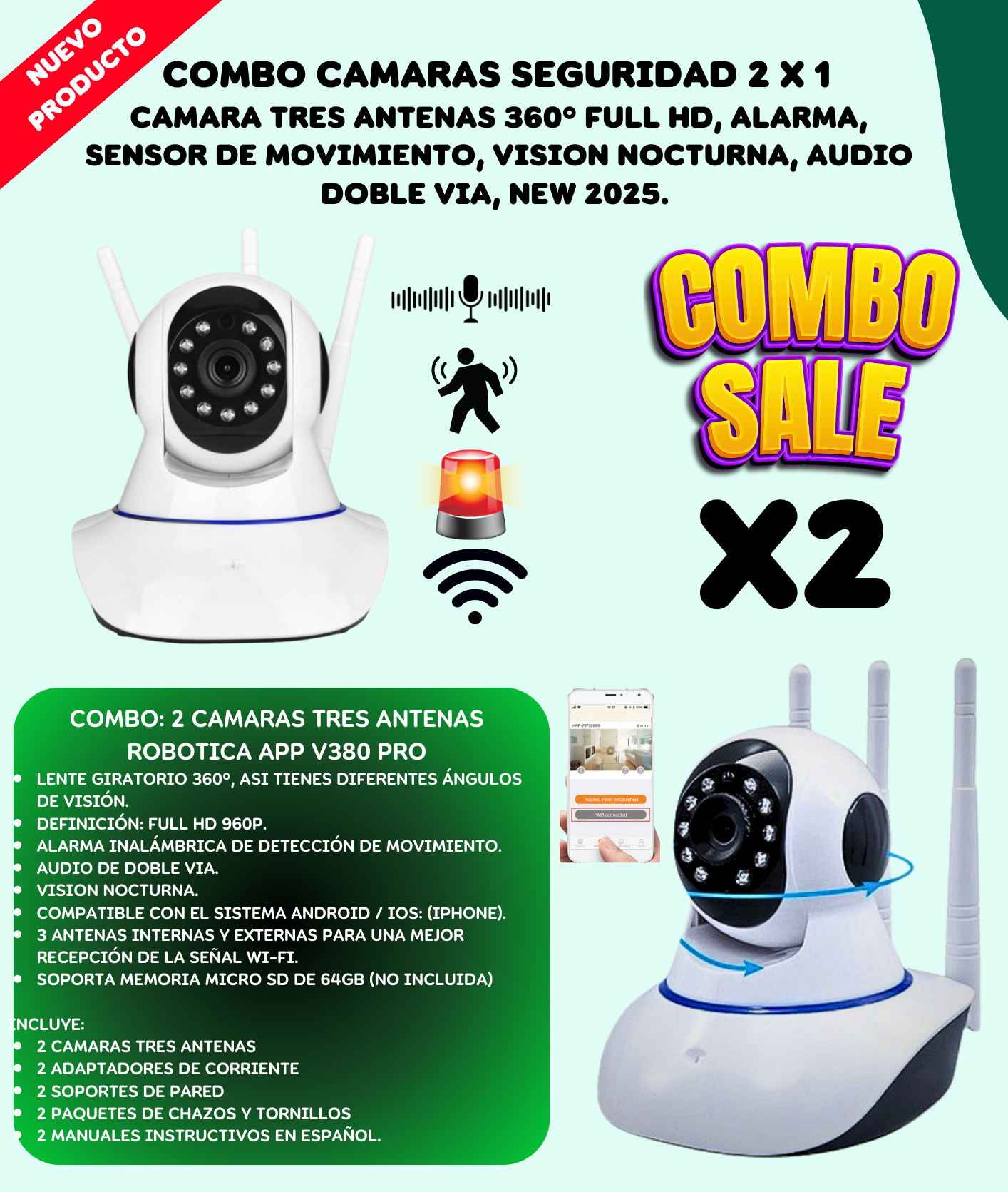 Kit 2 Camaras Seguridad Wifi Roboticas