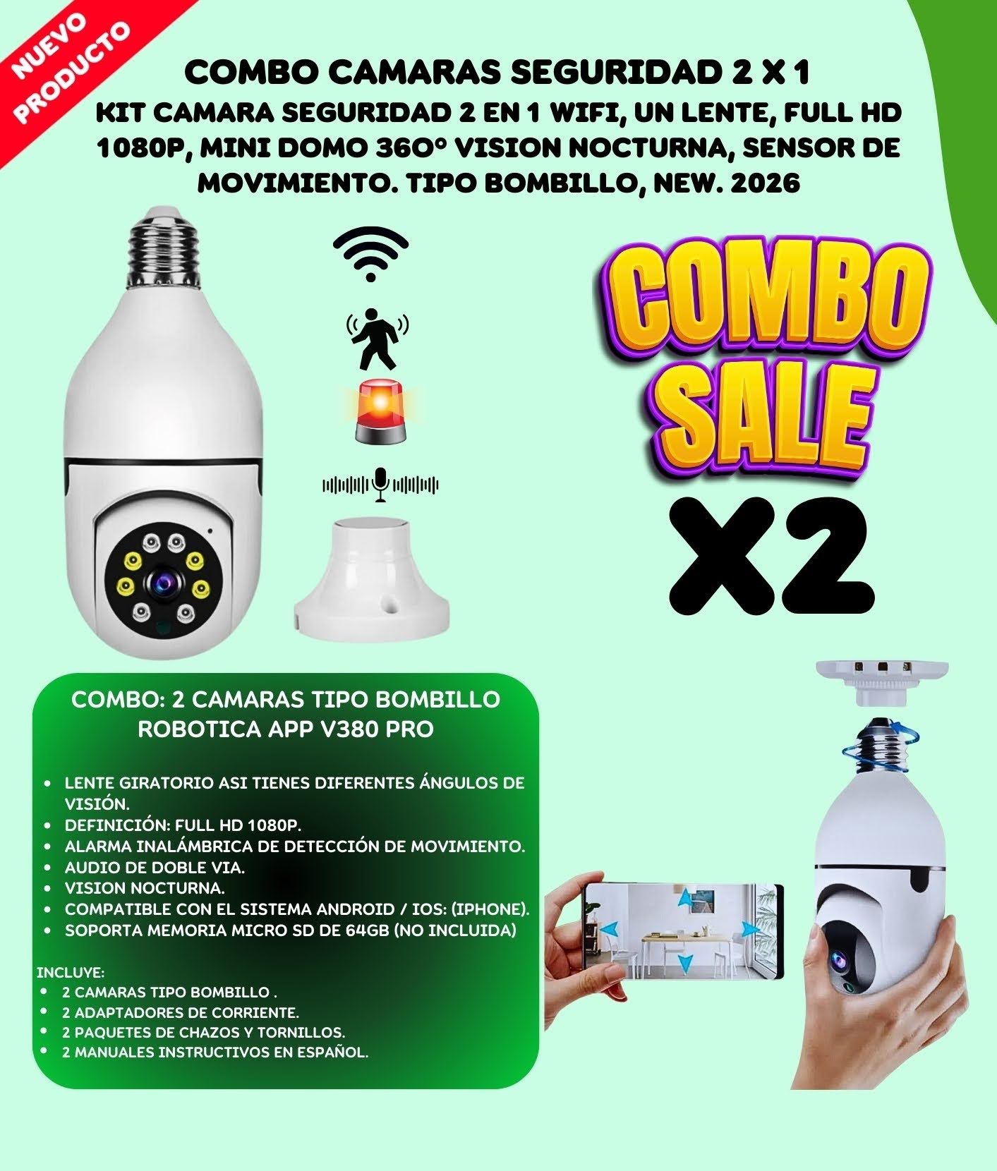 Combo 2 Camaras Seguridad Wifi Bombillo