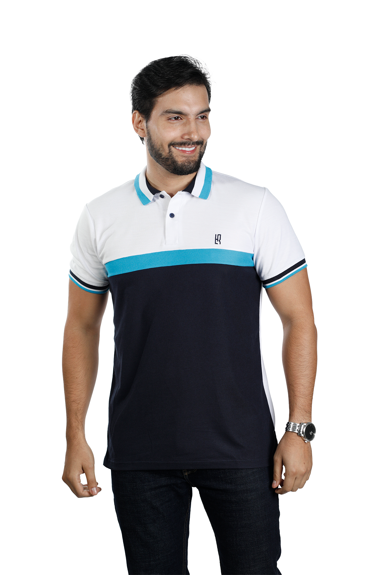 086A POLO COMBINADA BLANCO TURQUESA AZUL