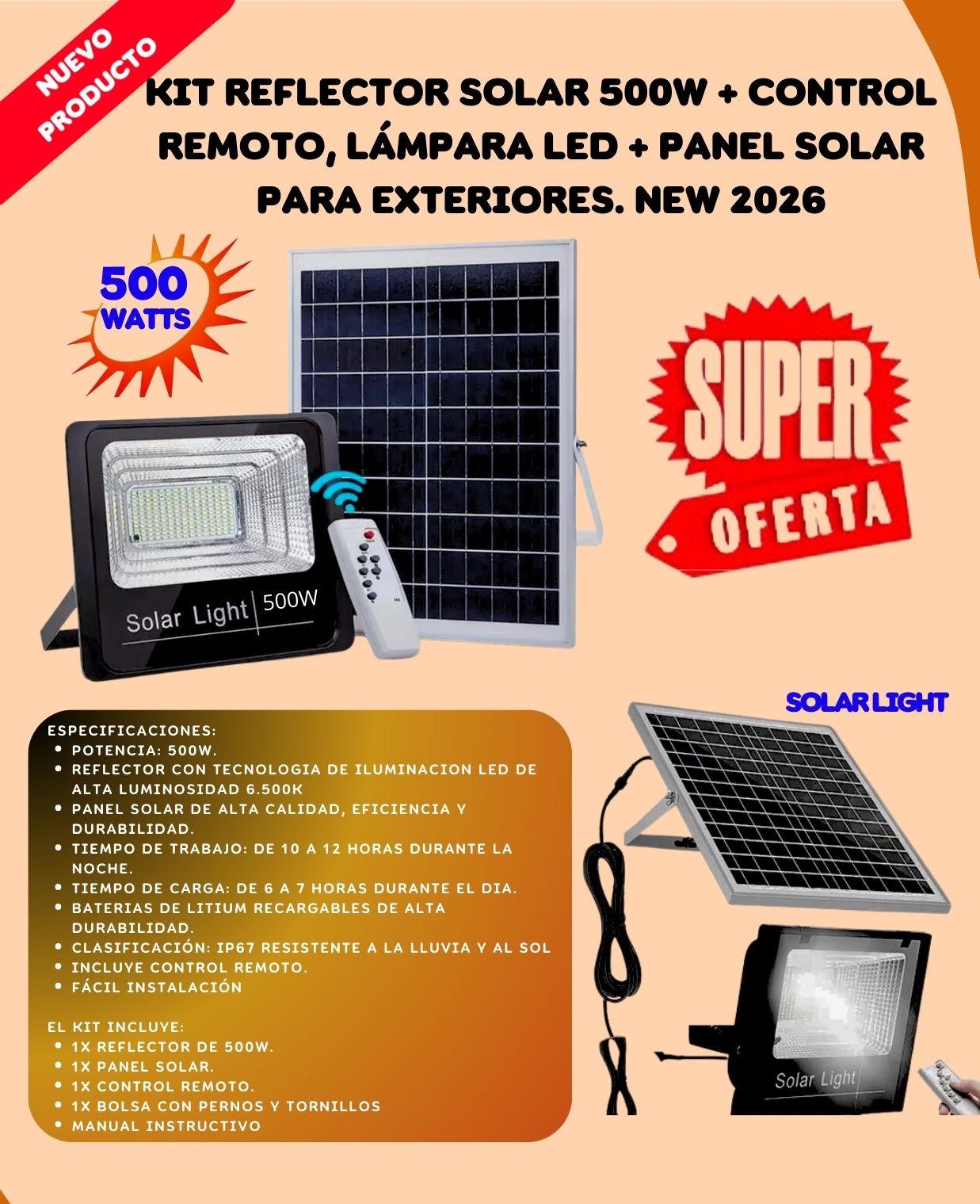 Kit Reflector Solar 500W +Control Remoto