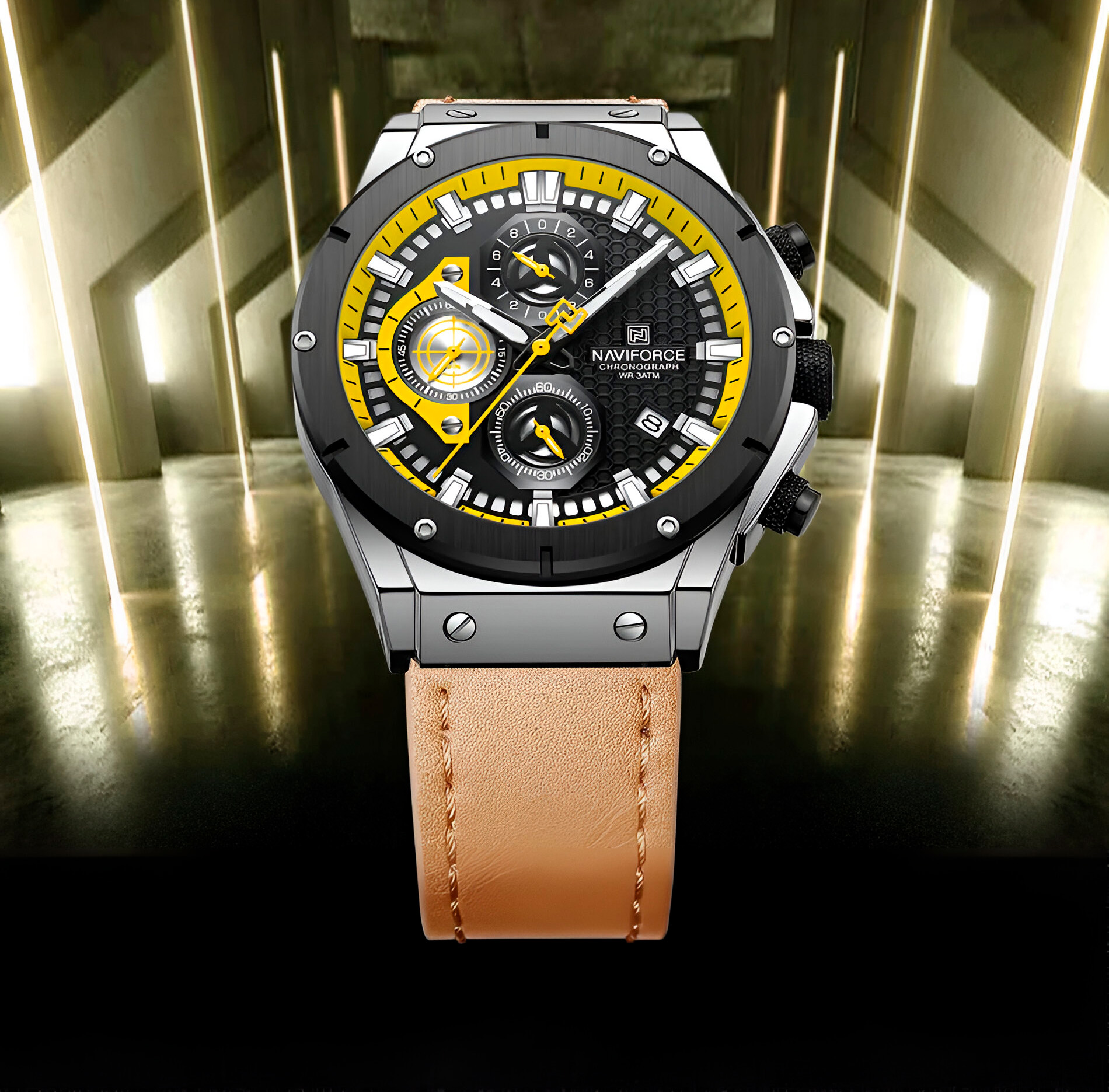 Reloj Naviforce Casual Nf8027l Crono Hombre Cuero + Estuche