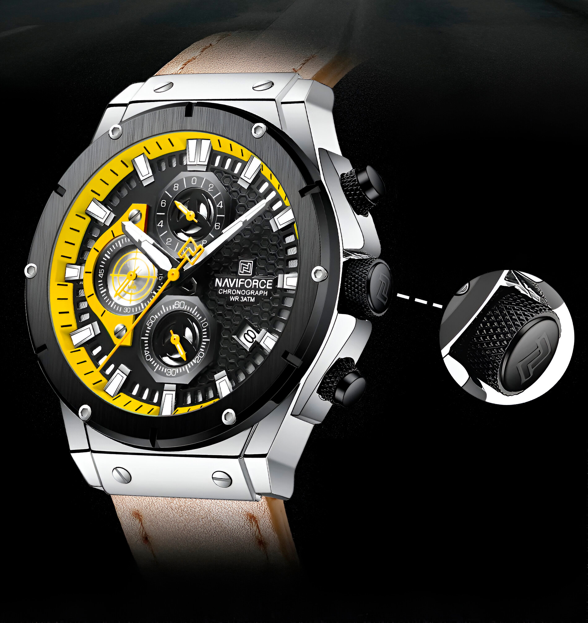 Reloj Naviforce Casual Nf8027l Crono Hombre Cuero + Estuche