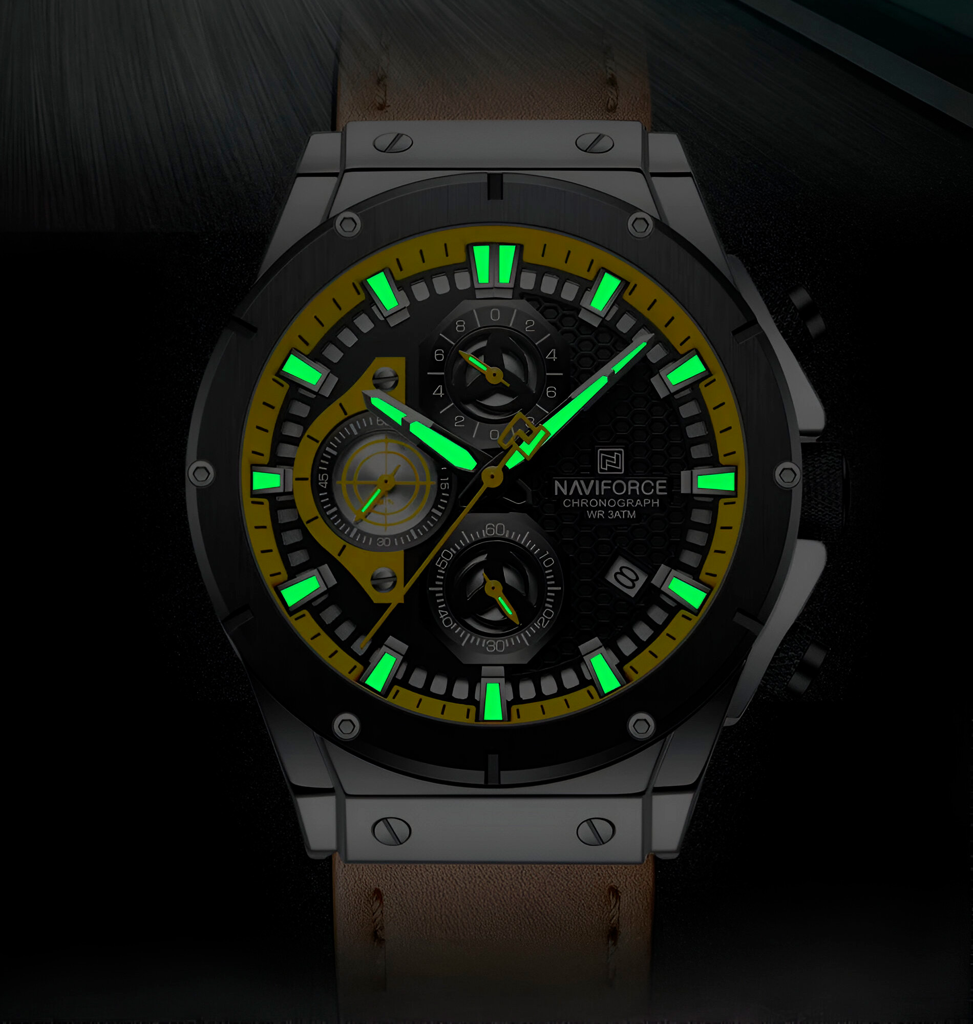 Reloj Naviforce Casual Nf8027l Crono Hombre Cuero + Estuche