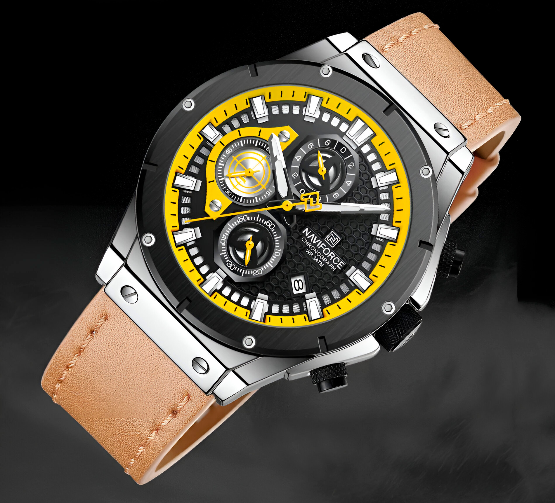 Reloj Naviforce Casual Nf8027l Crono Hombre Cuero + Estuche