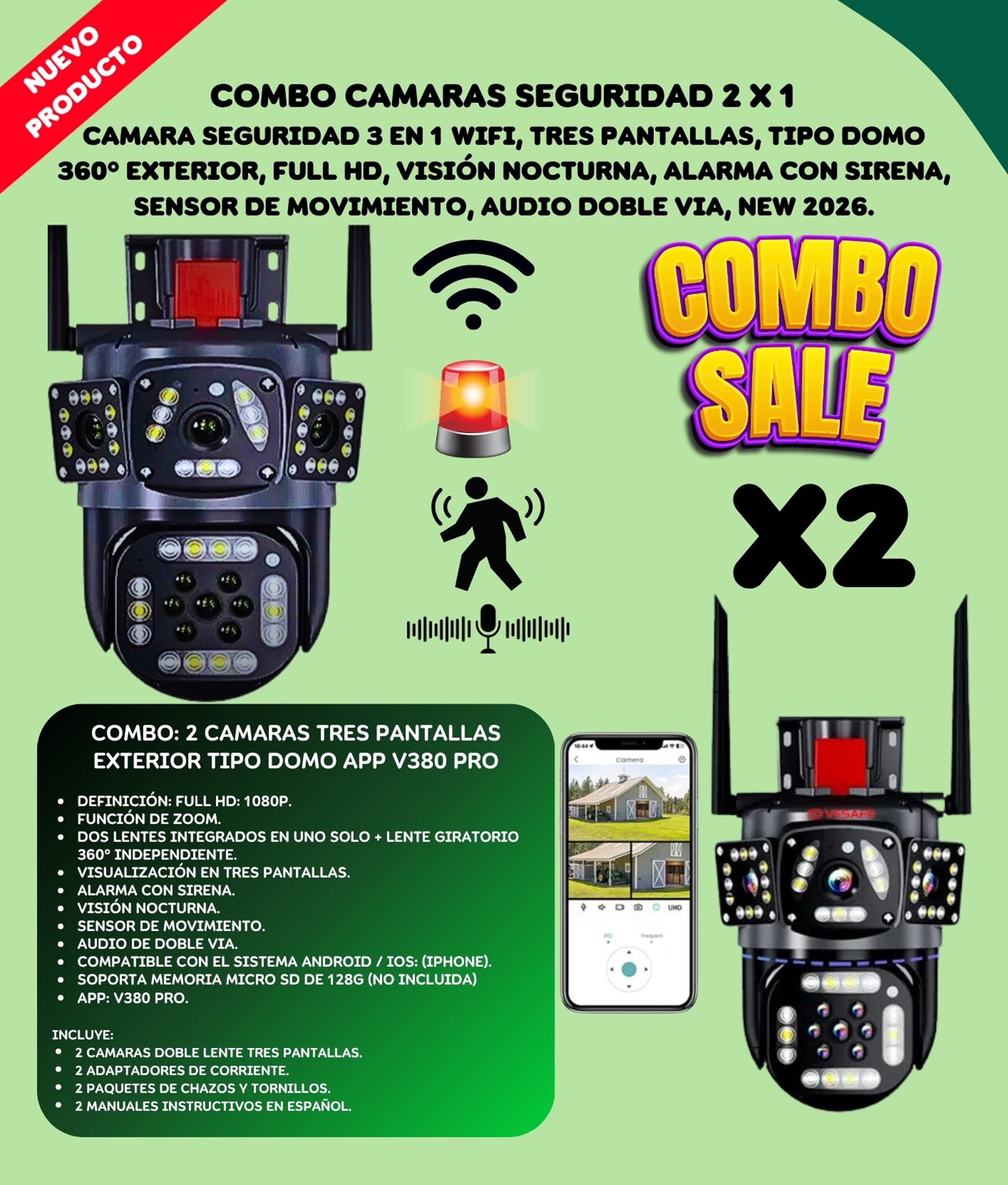 Combo 2 Camaras Seguridad 2 Lentes Wifi