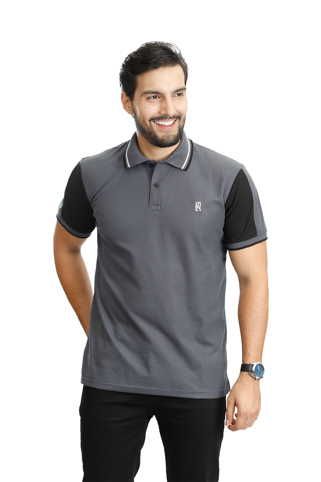 089E POLO COMBINADA GRIS OSCURO NEGRO