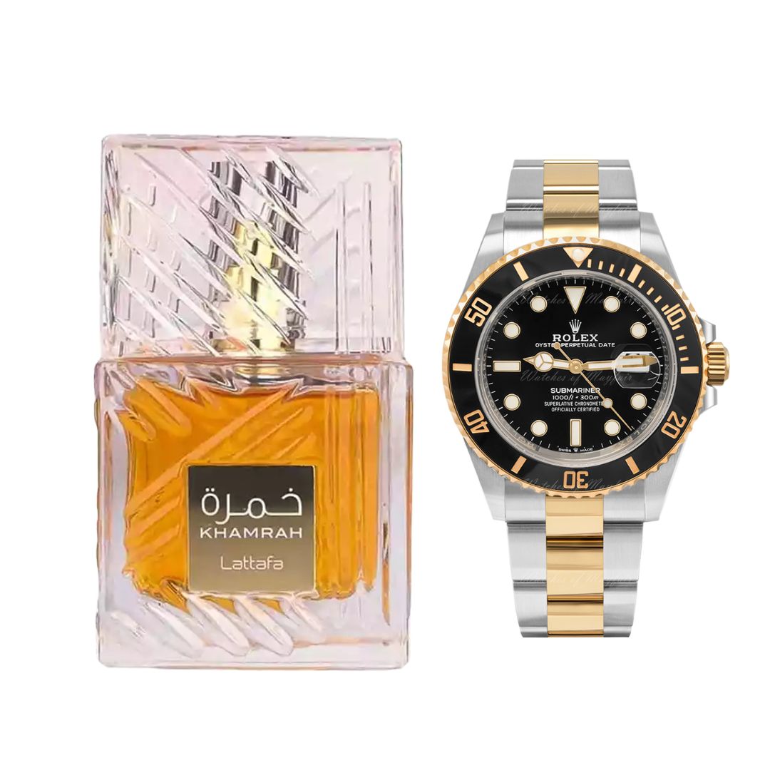KHAMRAH CAJA + ROLEX BICOLOR NEGRO+PERFU