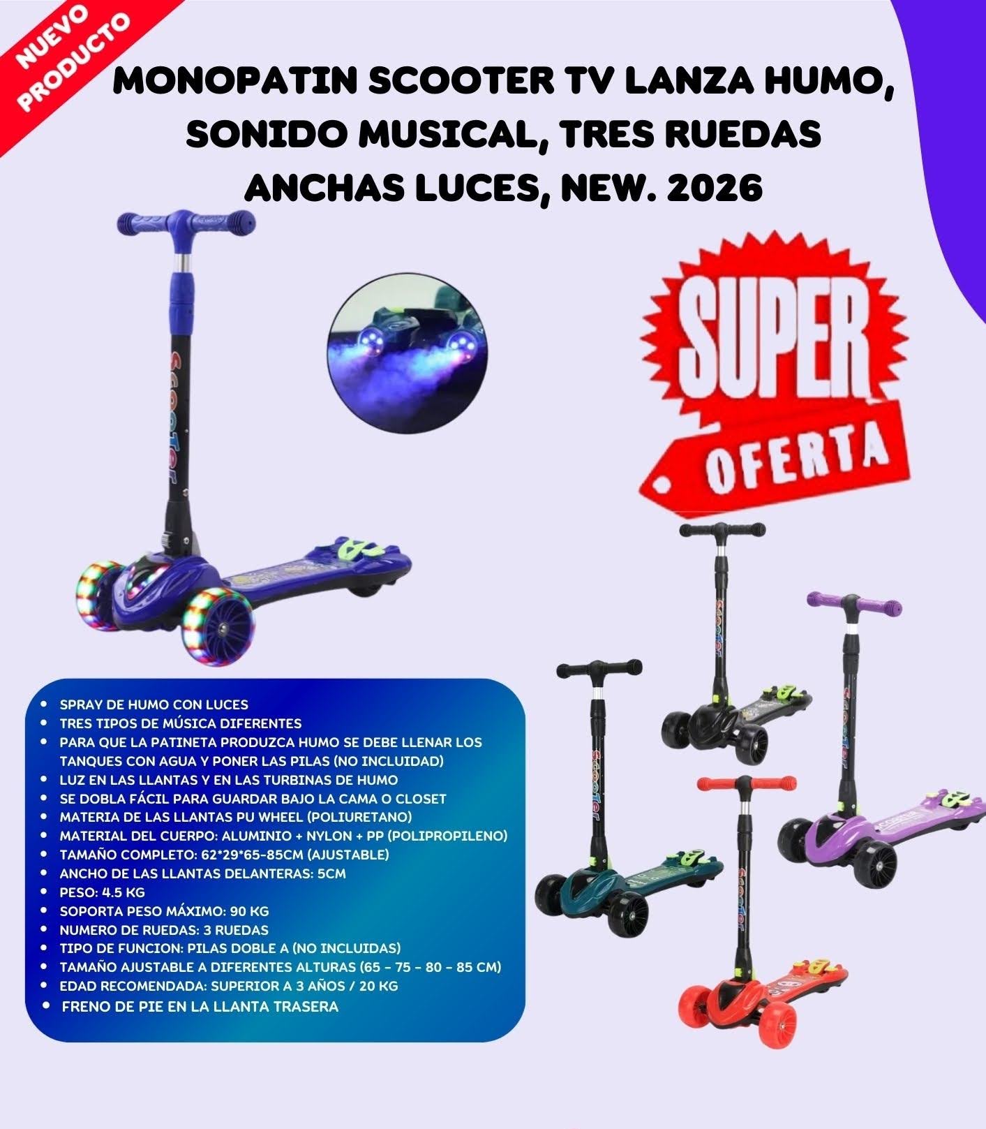 Monopatin Lanza Humo Luces Ruedas Colors