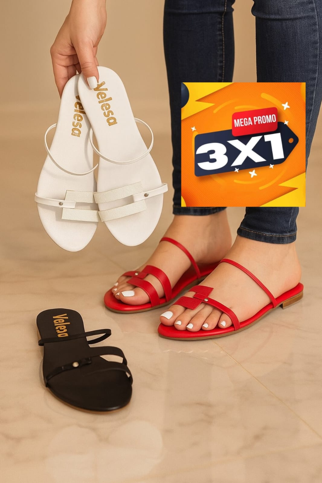 TRÍO SANDALIA PLANA SARIA 3X1 + CAJA