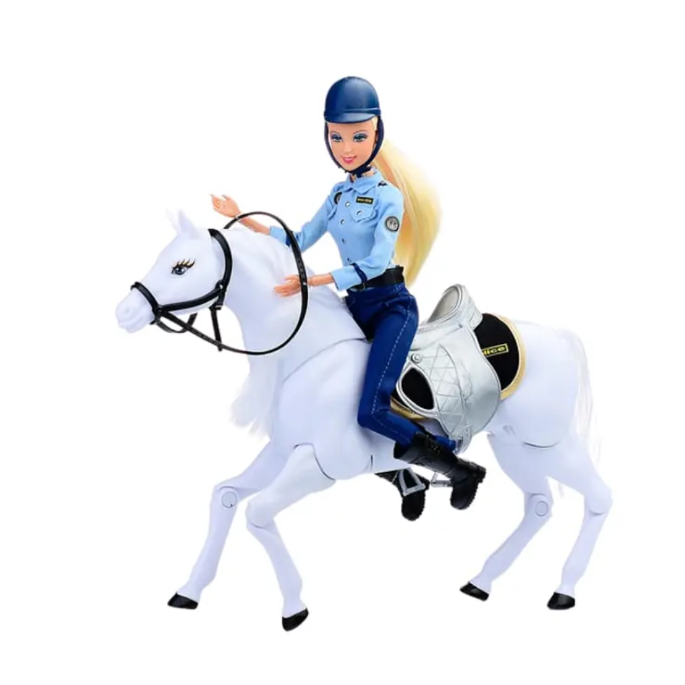 🚓 Muñeca Policía Jinete con Caballo Blanco - Aventura y Diversión para Niños