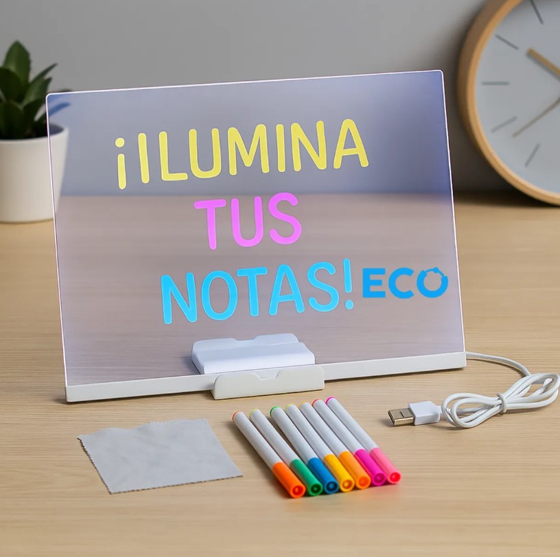 Vista 3 de Pizarra Led Luminosa Acrílico Transparen - TAMAÑOS: Pequeño 20x20cm