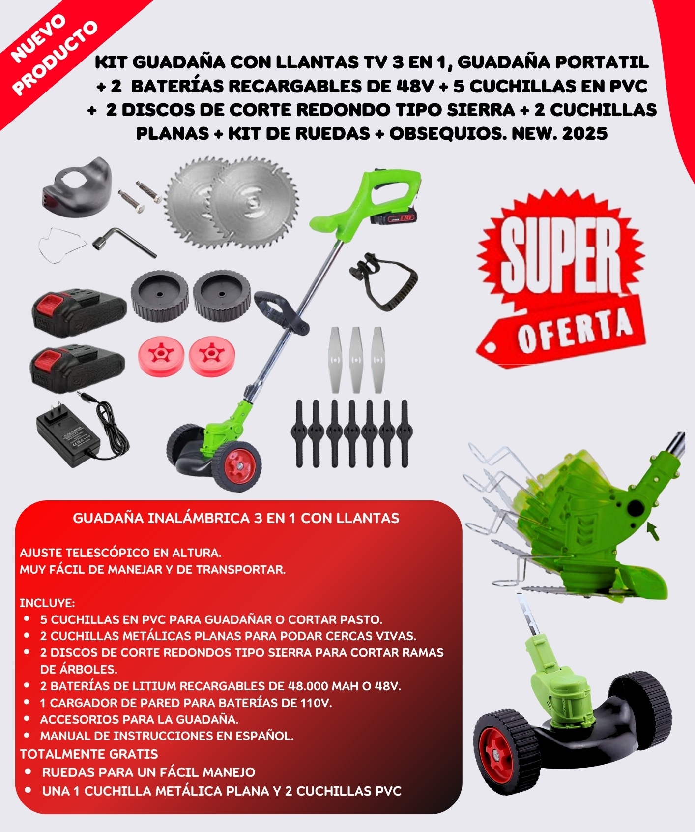 Guadaña Inalámbrica 3 En 1 Con Llantas