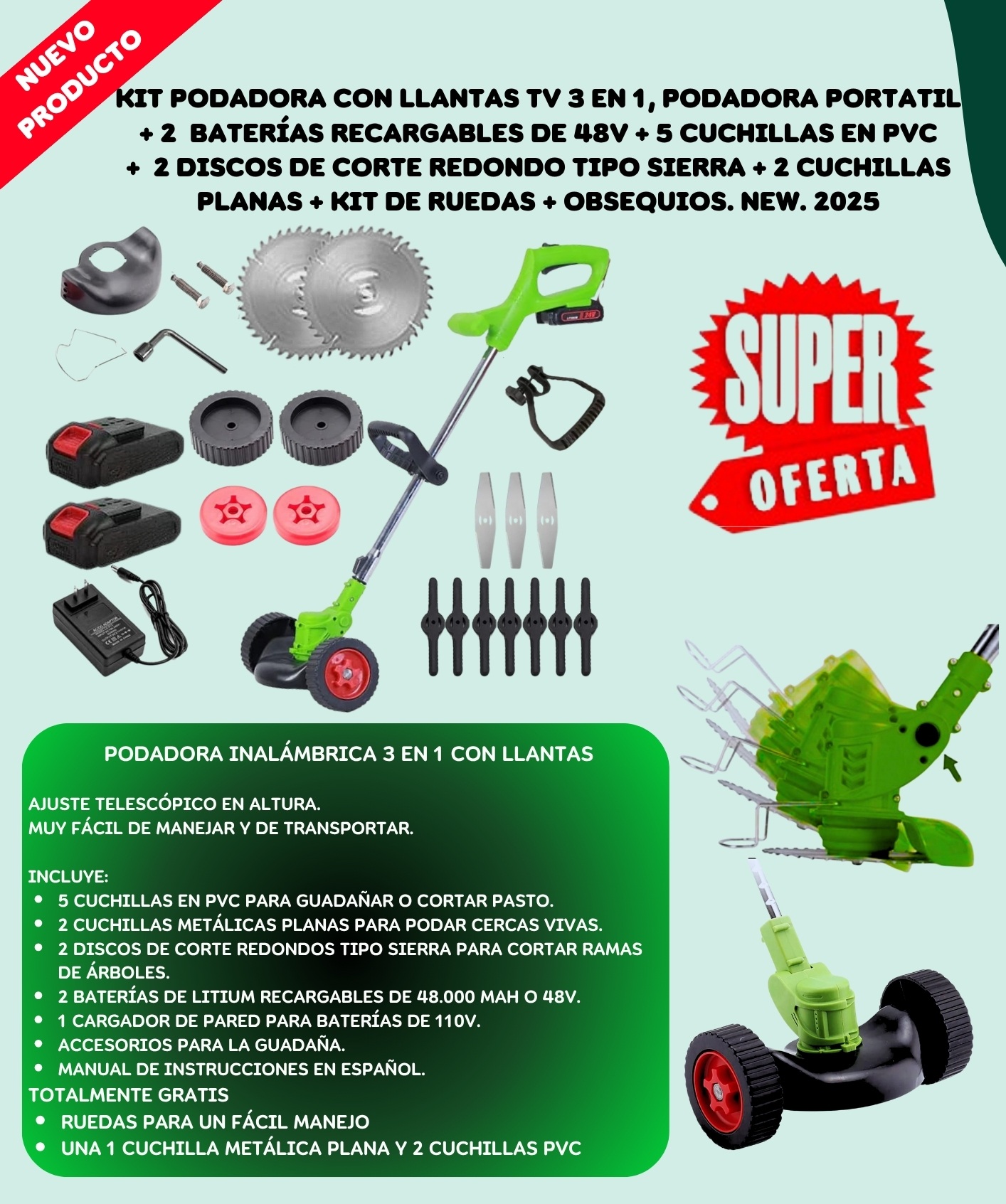 Miniatura 3 de Podadora Inalámbrica 3 En 1 Con Llantas