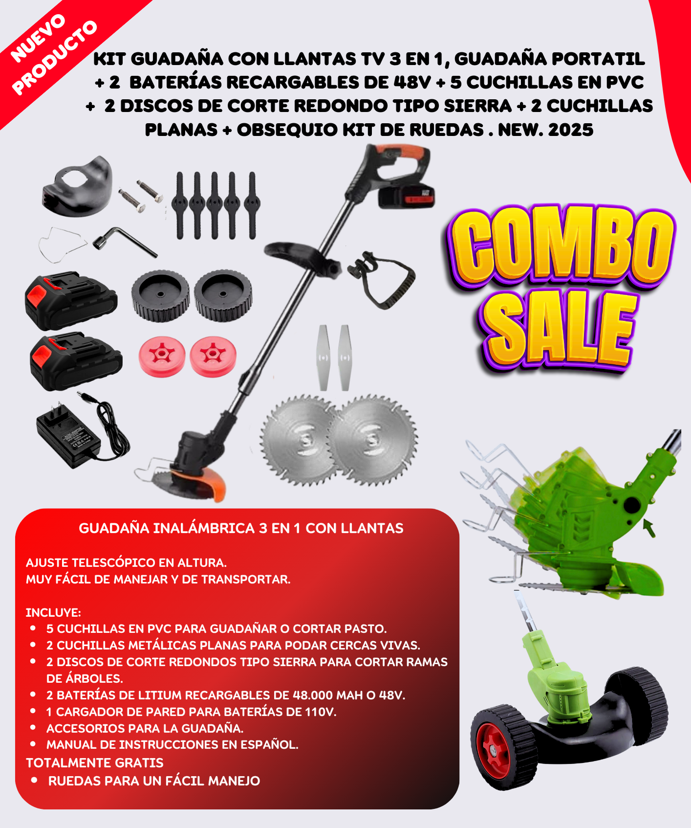 Guadaña Inalambrica 3 En 1 Con Llantas