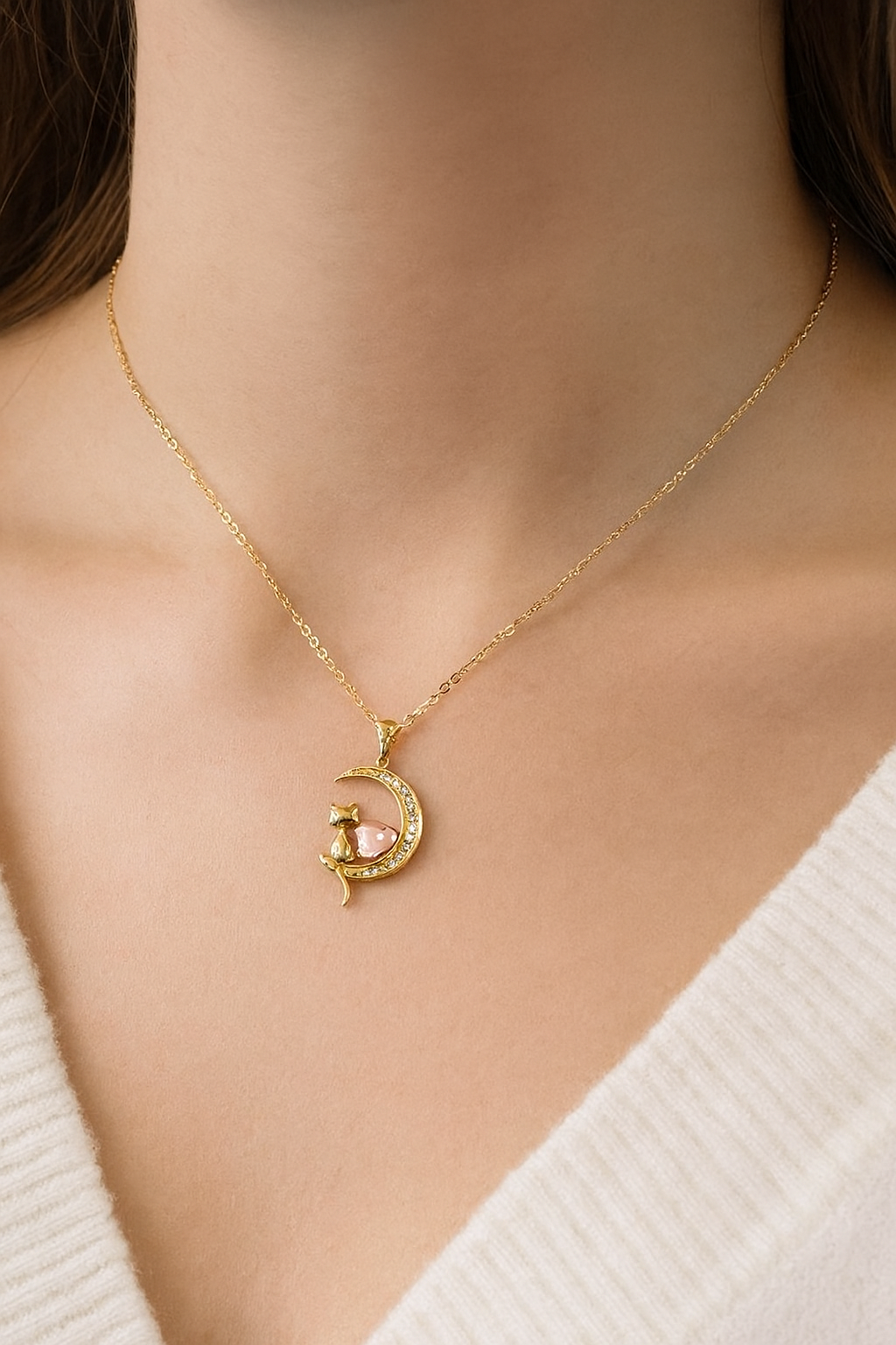 Miniatura 2 de Collar Gato Gatito en Luna - Color: Plateado Rosa