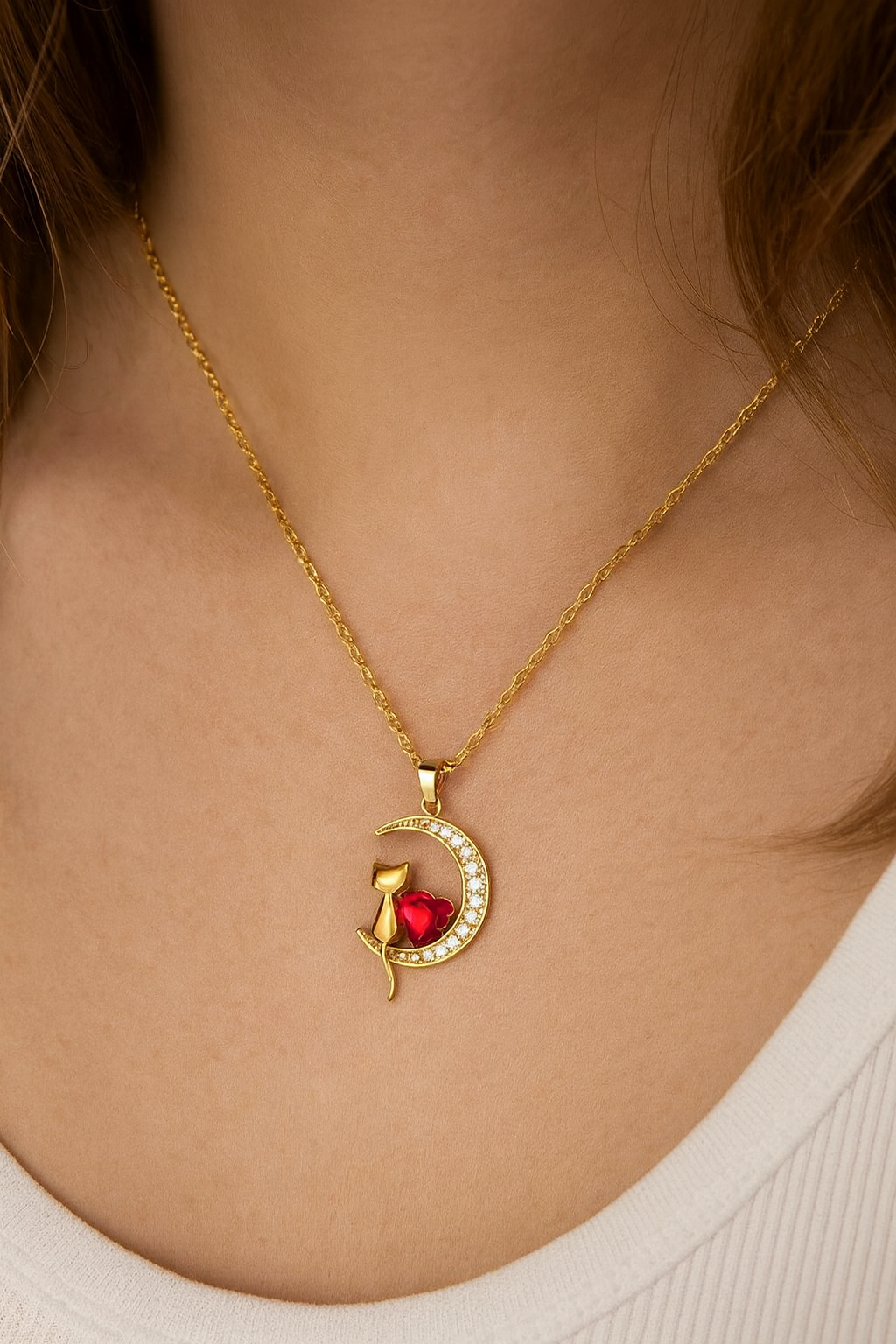 Collar Gato Gatito en Luna - Color: Plateado Rosa