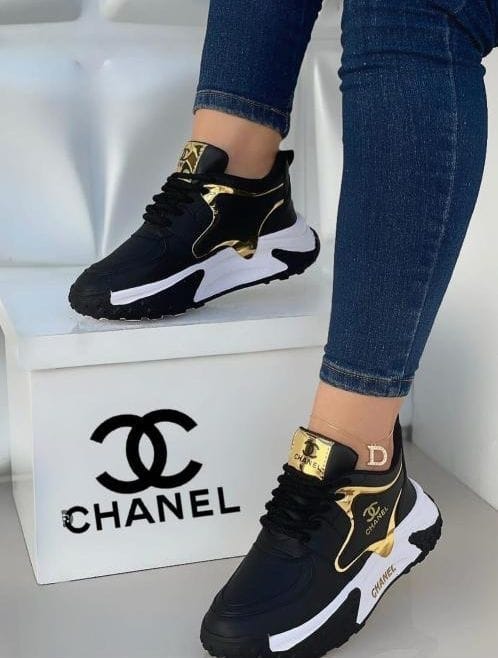 Tenis Chanel Negro Dorado Dama