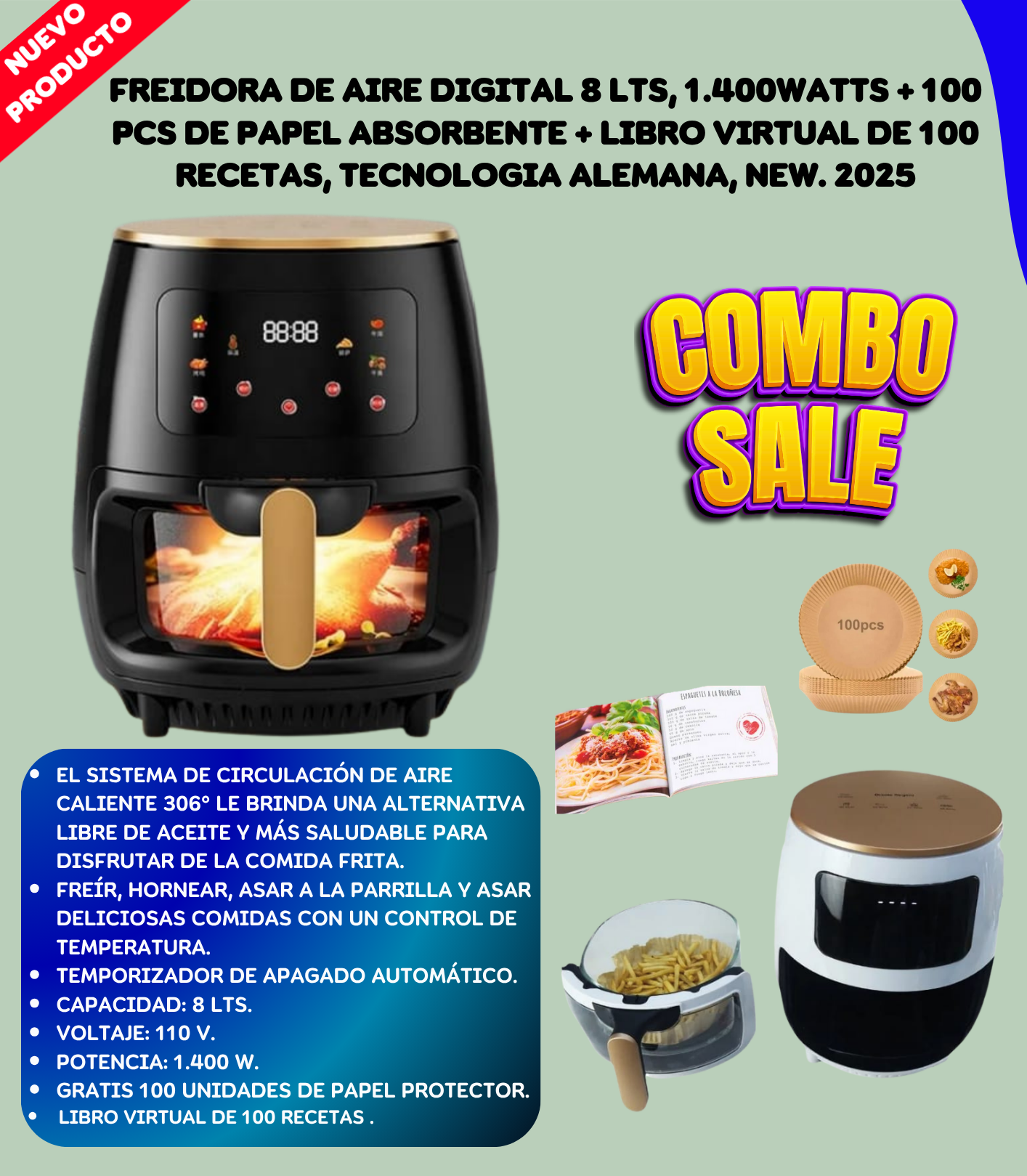 Freidora Aire 8L + Rece Vir+ P Protector