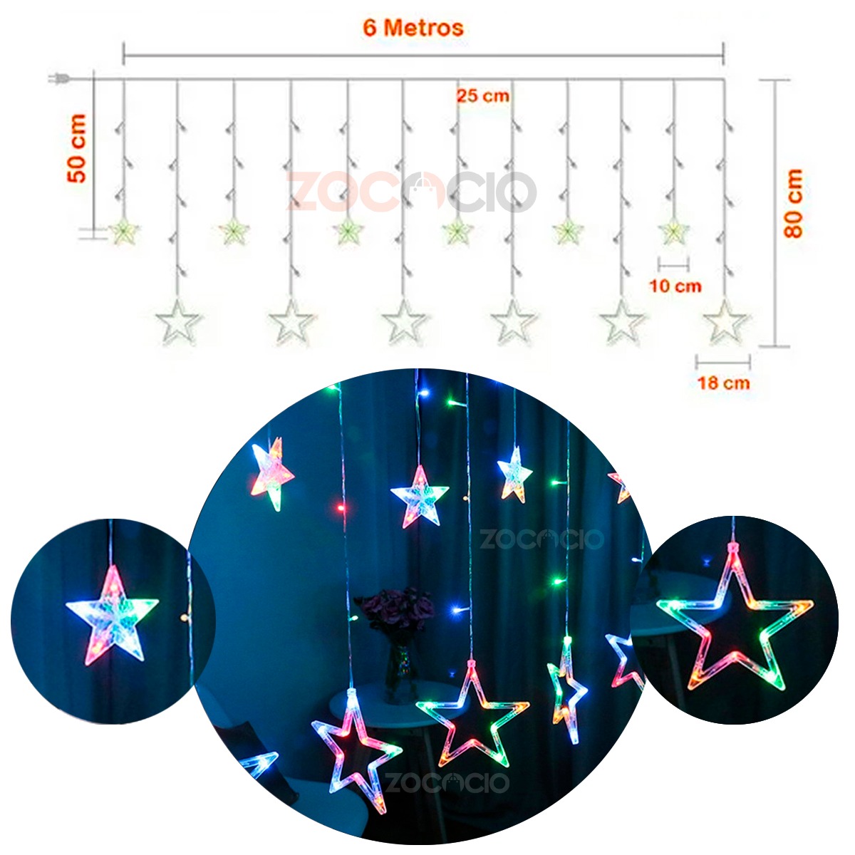 Cortina Luces Led Punta De Estrella 3y6M