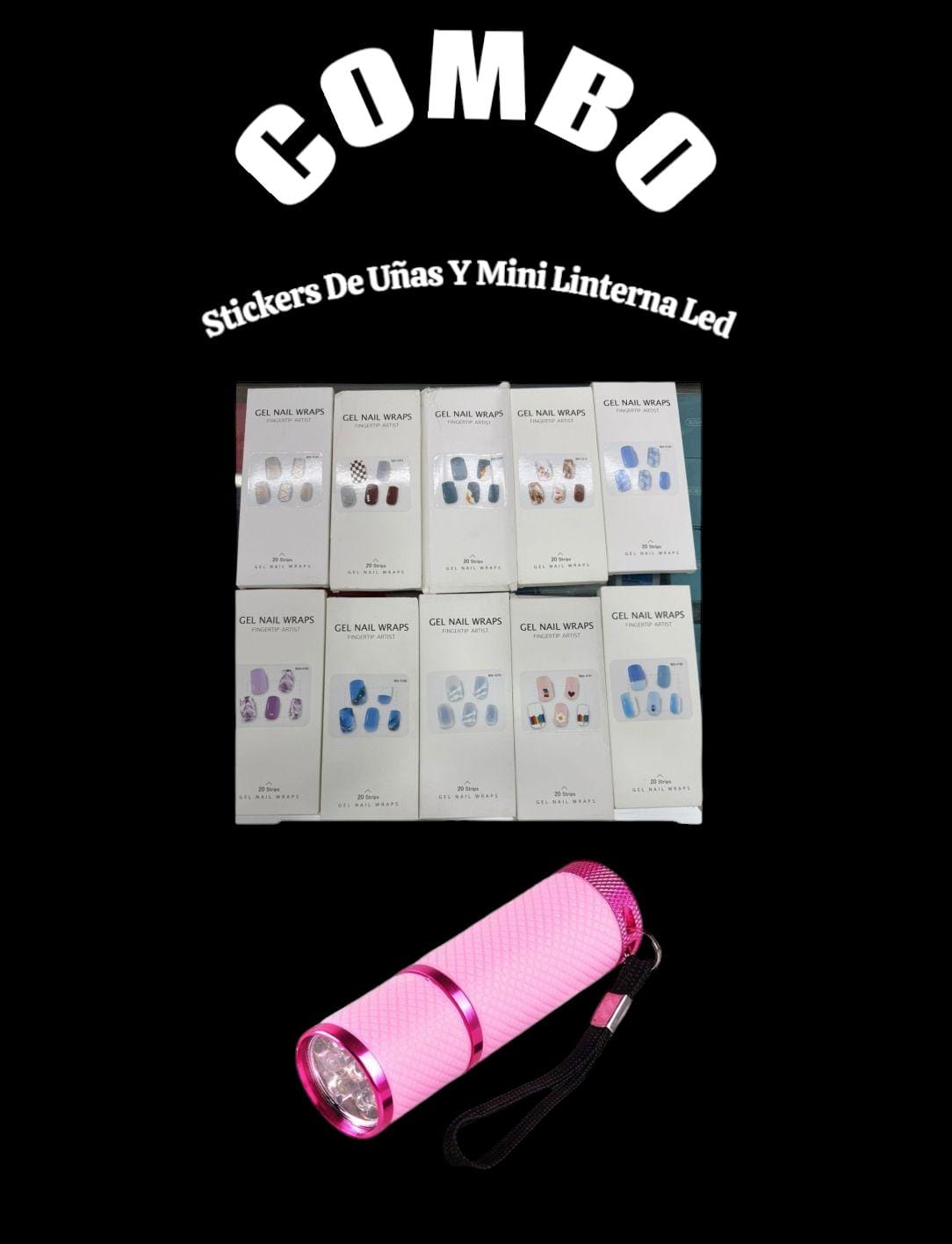 COMBO STICKERS DE UÑAS Y LINTERNA MINI