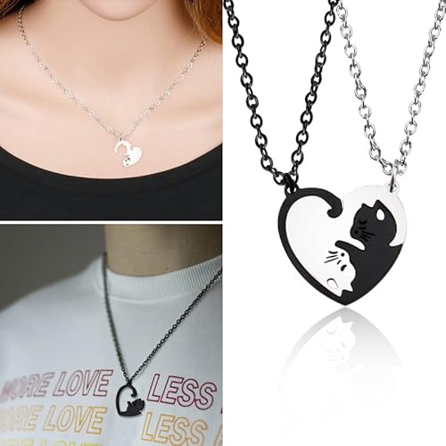 Collar Gatos Enamorados Yin Yang Pareja Negro y Plateado