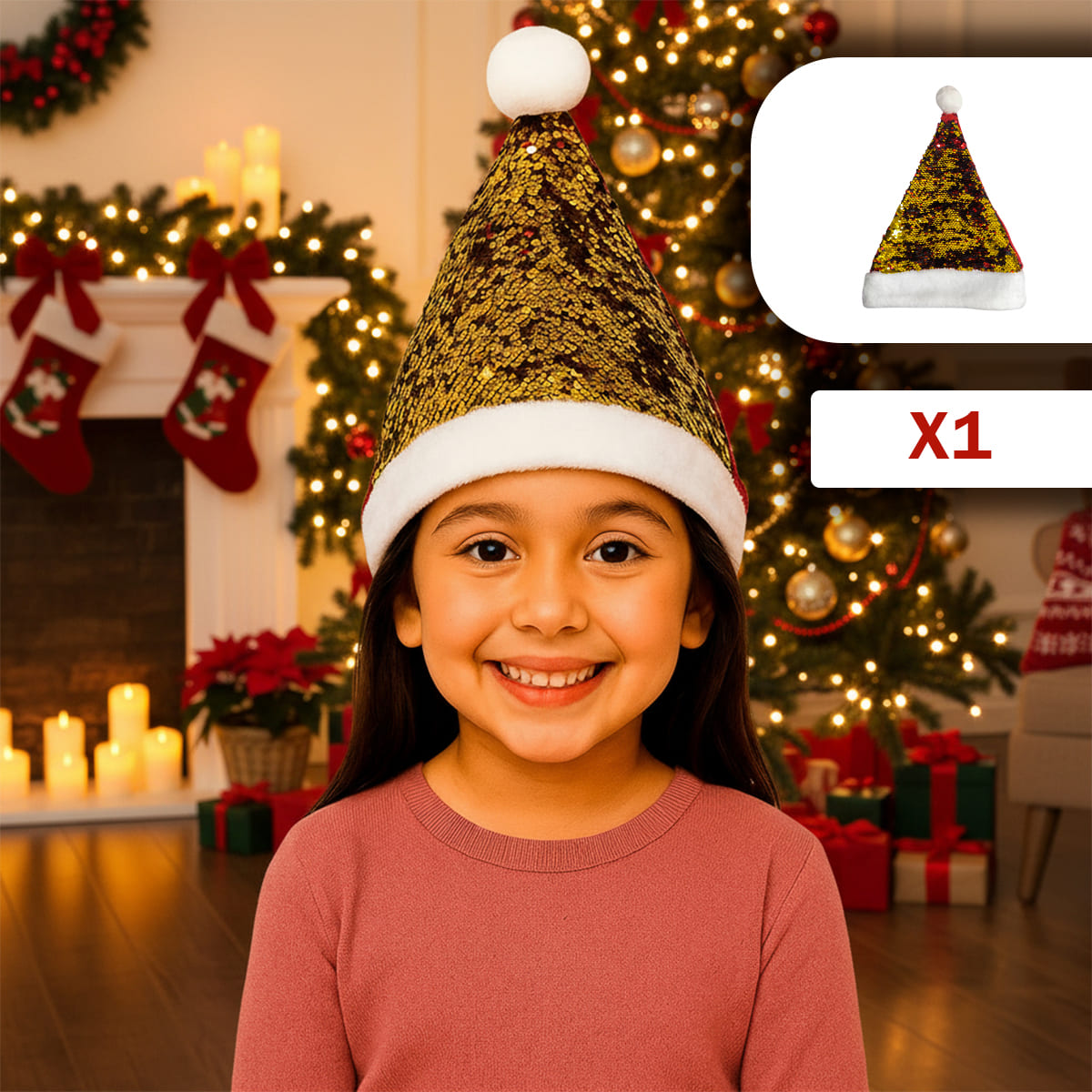 Vista 7 de Gorro Navideño de Lentejuelas GNLRV01 - Cantidad: x3