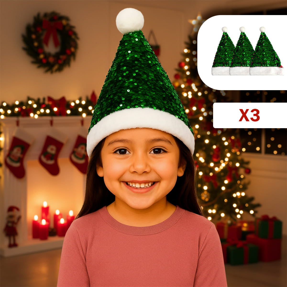 Vista 8 de Gorro Navideño de Lentejuelas GNLRV01 - Cantidad: x3