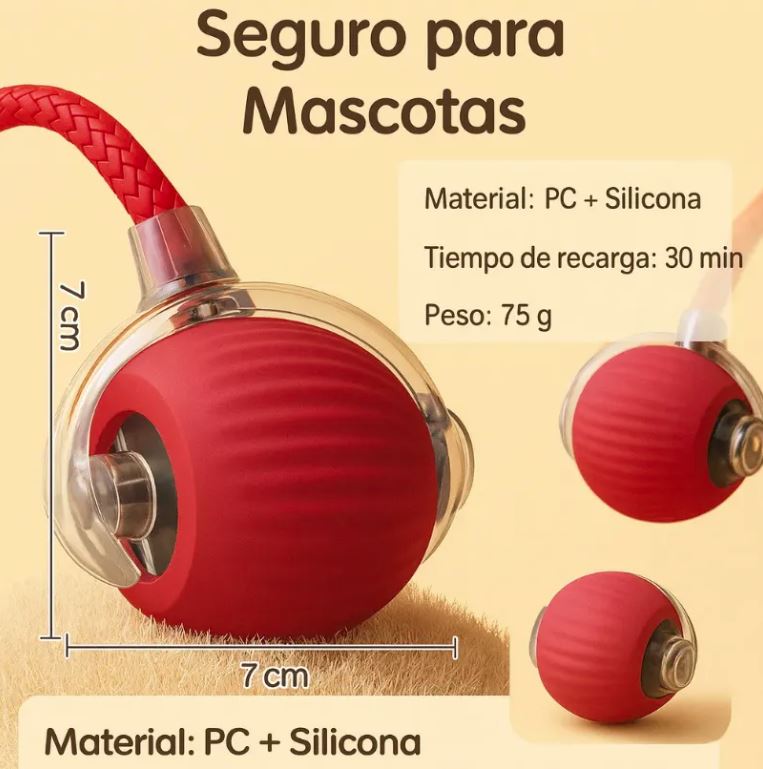 Imagen informativa con medidas de la pelota eléctrica para gatos
