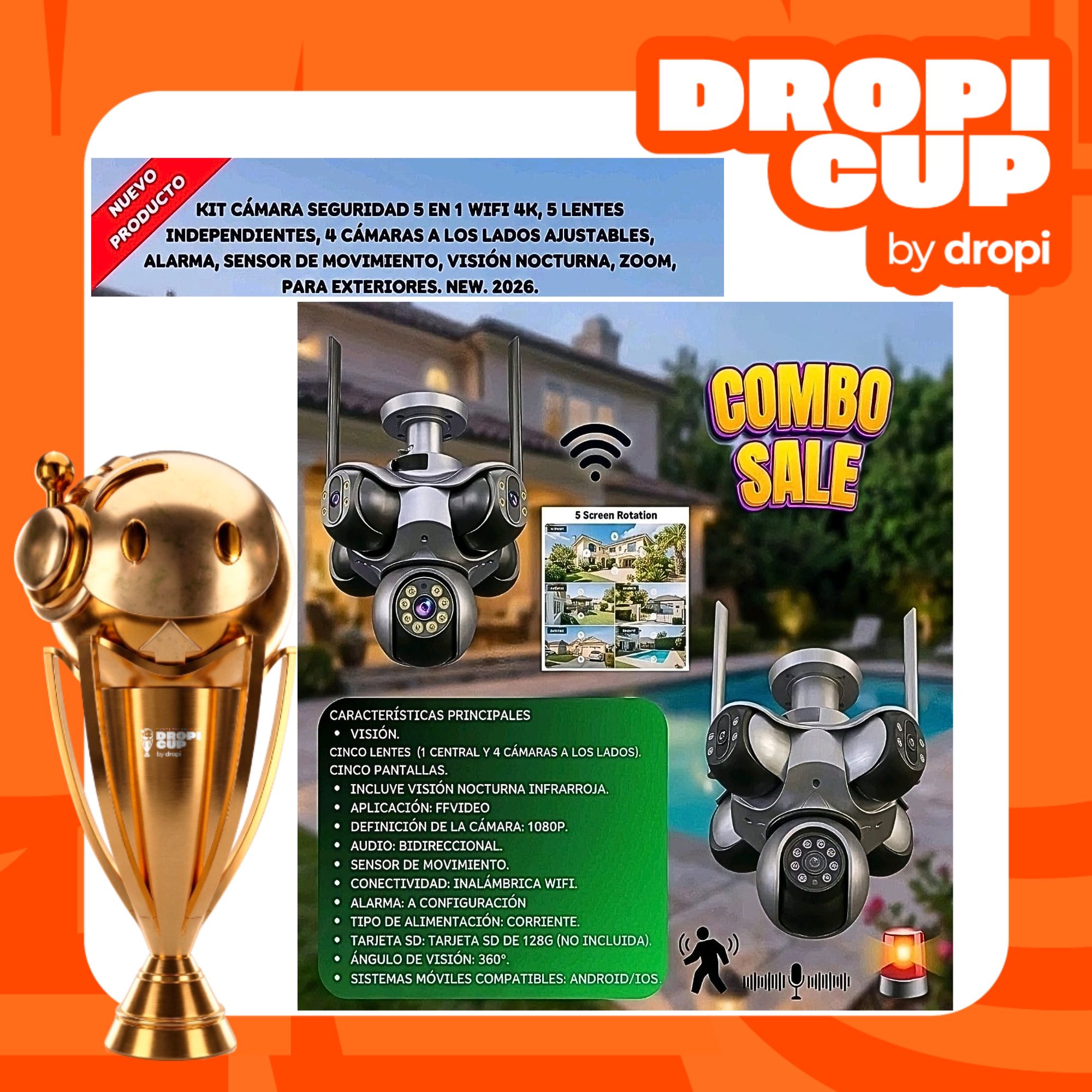 Camara 5 Lentes Wifi 4K Pulpo DROPI CUP