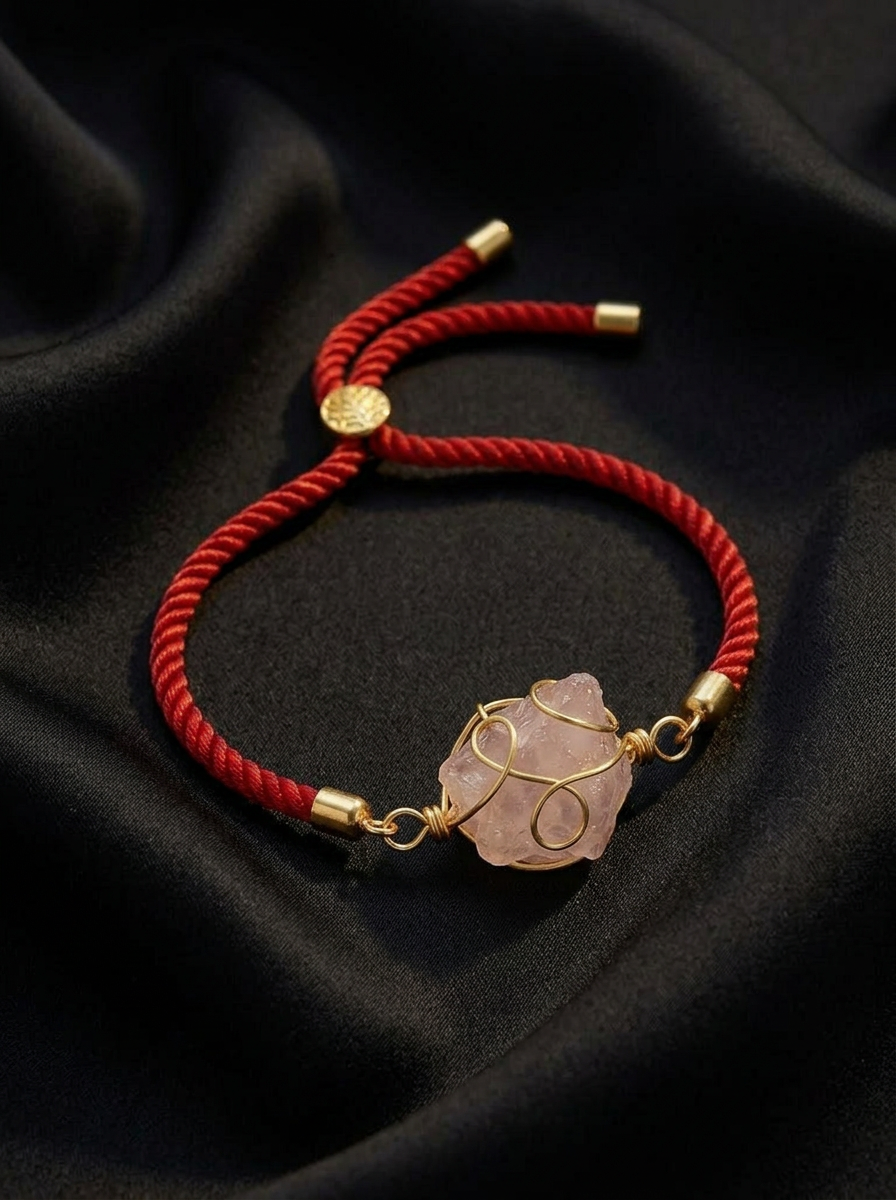 PULSERA CUARZO ROSA con CORDÓN ROJO