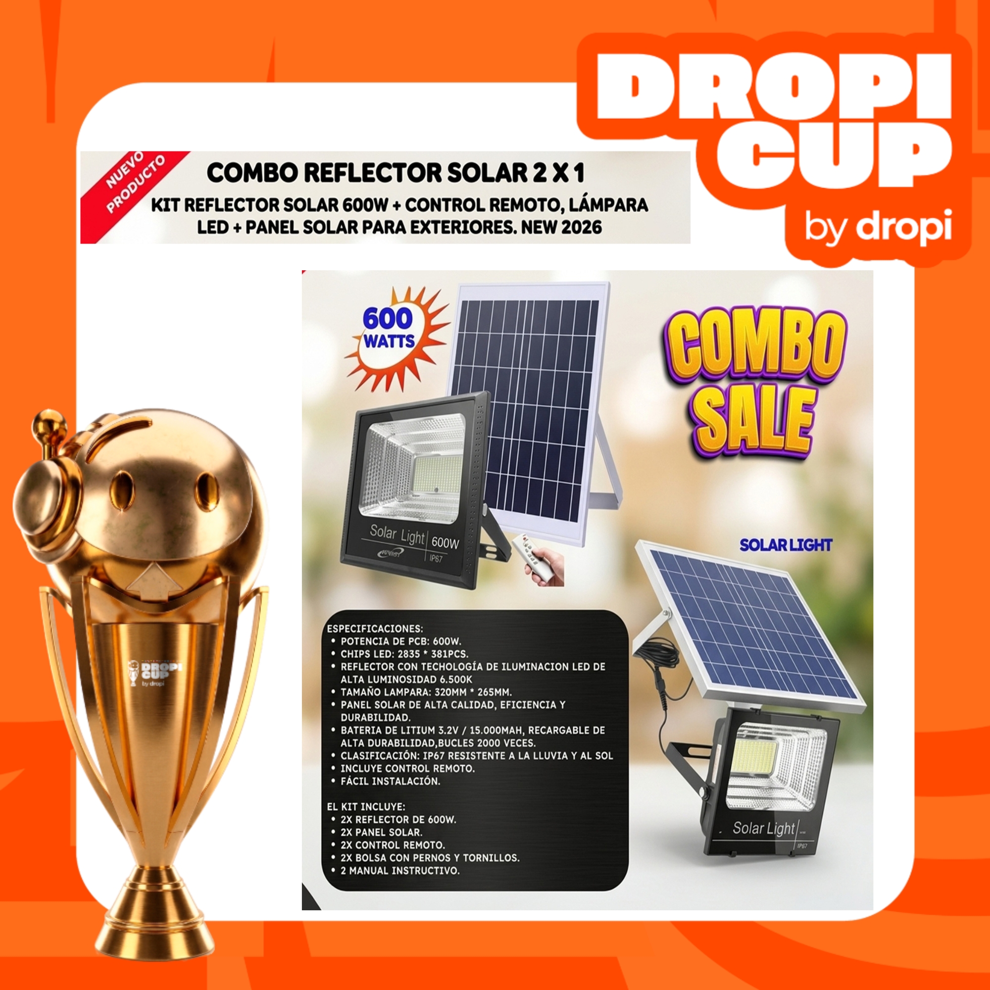 KIT 2 X 1 Reflector Solar 600W DROPI CUP