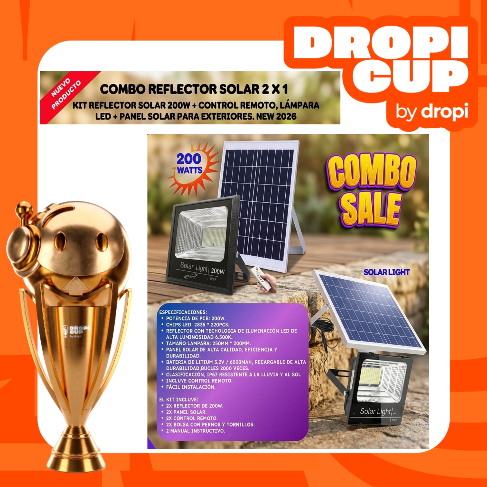 KIT 2 X 1 Lampara Solar 200W DROPI CUP