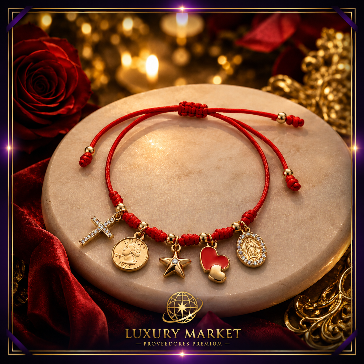 Pulsera 5 Charms Tejido Rojo