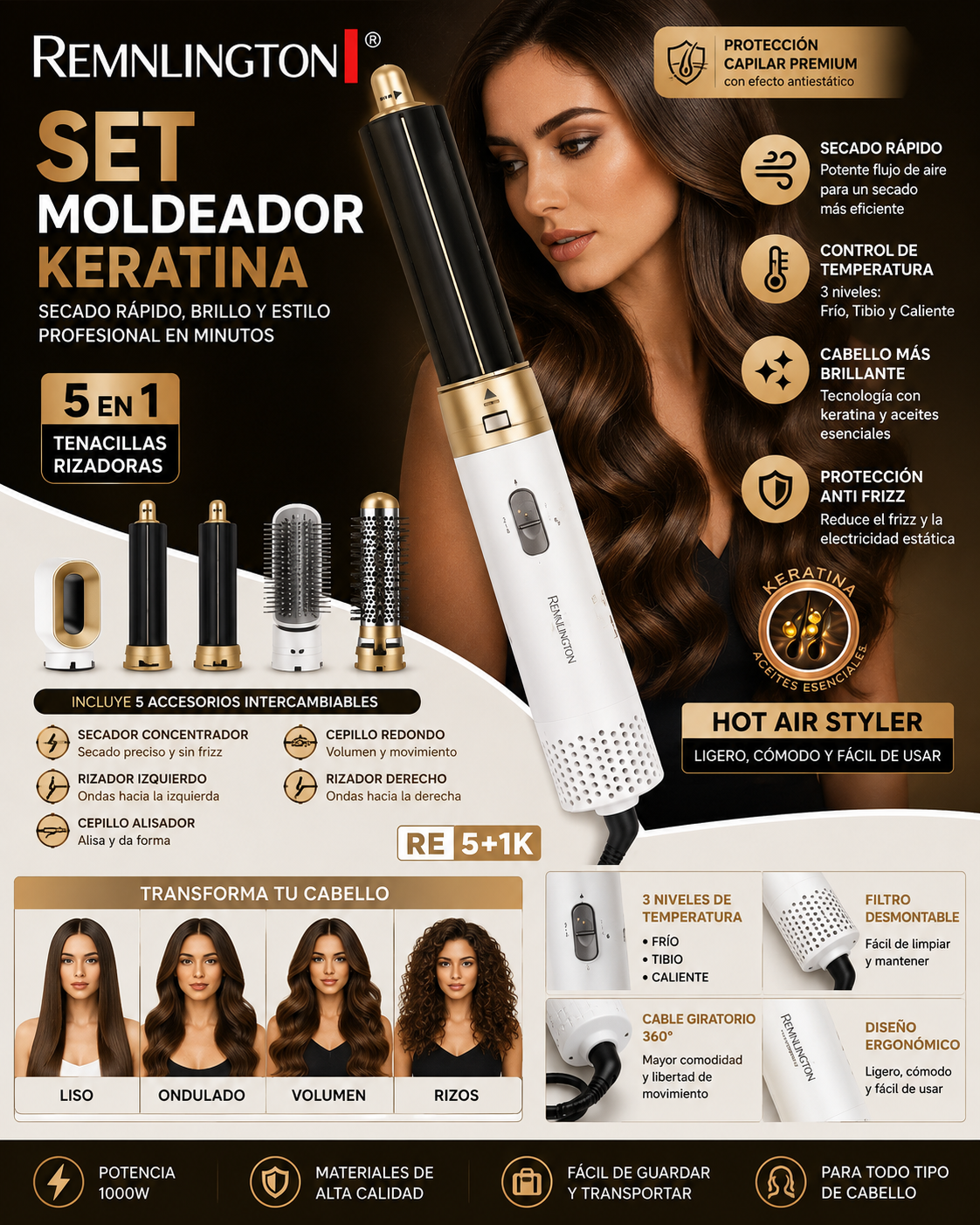 CEPILLO SECADOR 5 EN 1 KERATINA RE5+1K