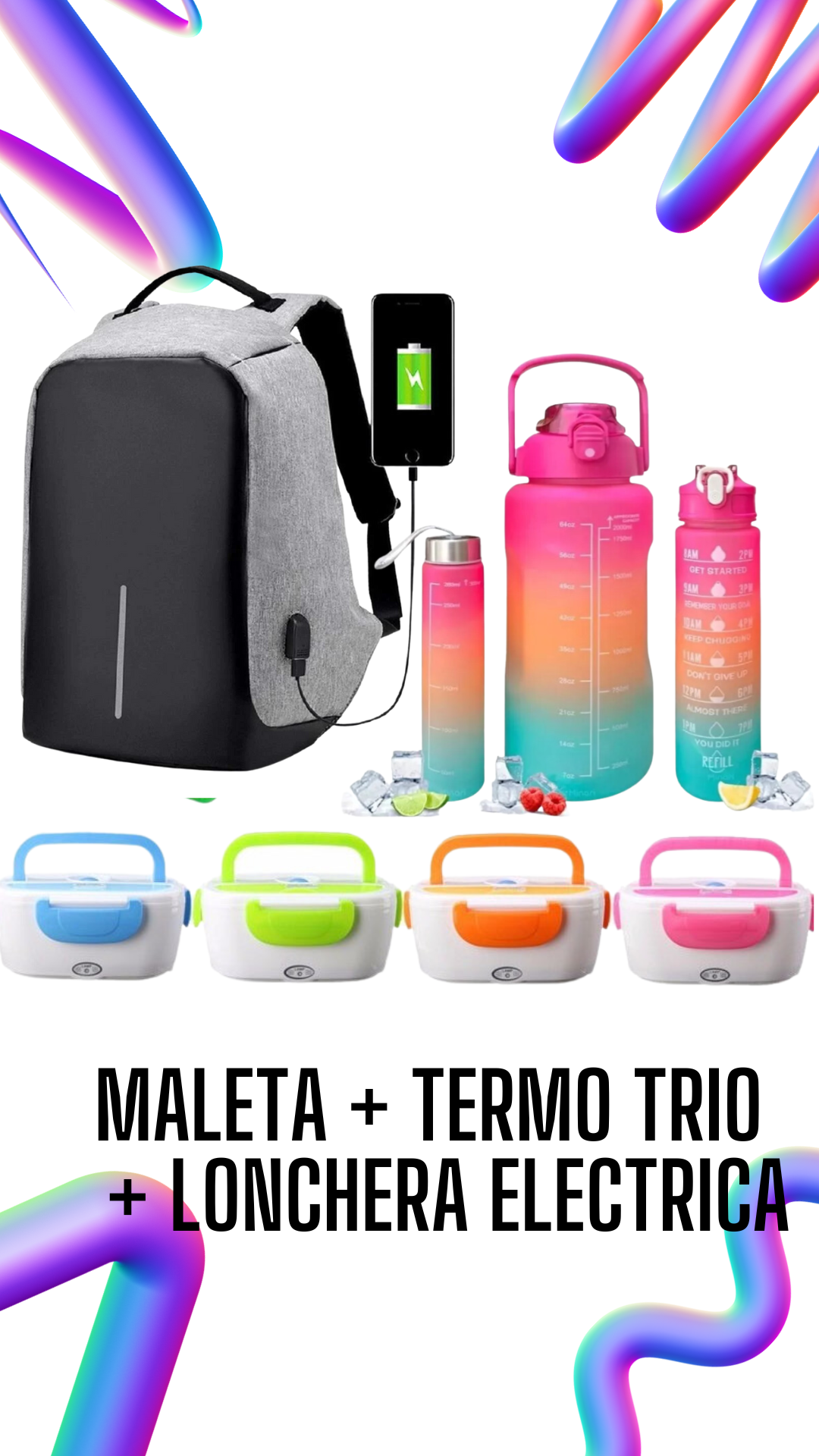 Maleta + lonchera eléctrica + termo trio