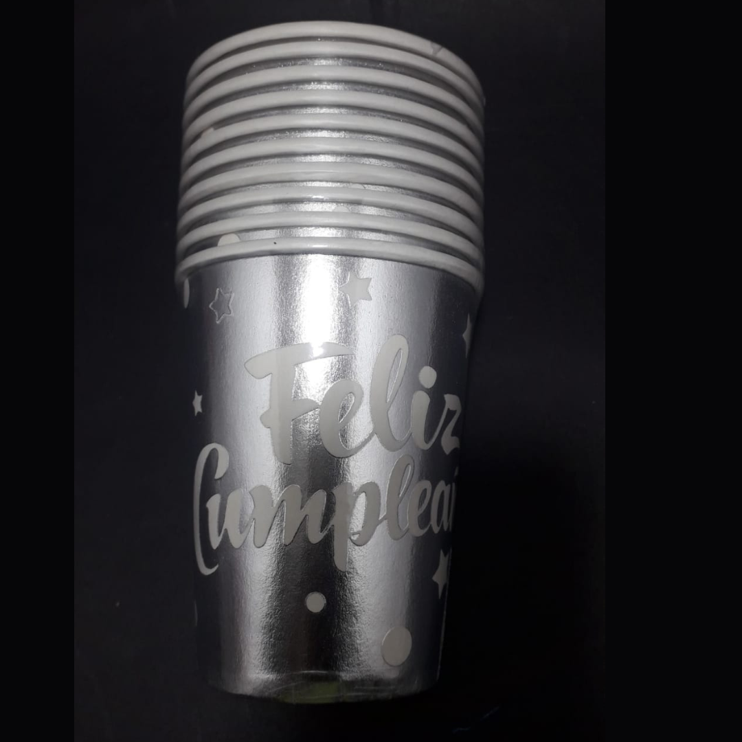 VASO  X 10 PLATEADO BLANCO FELIZ CUNPLE