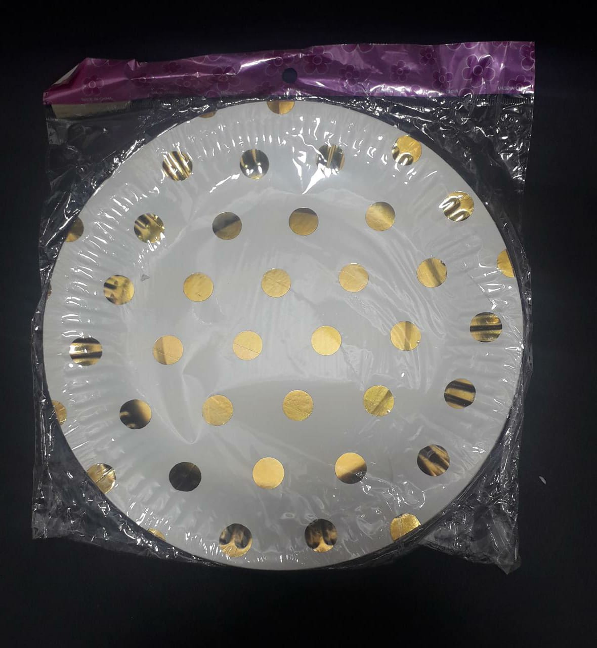 PLATO METALIZADO PUNTOS DORADOS BOLSA